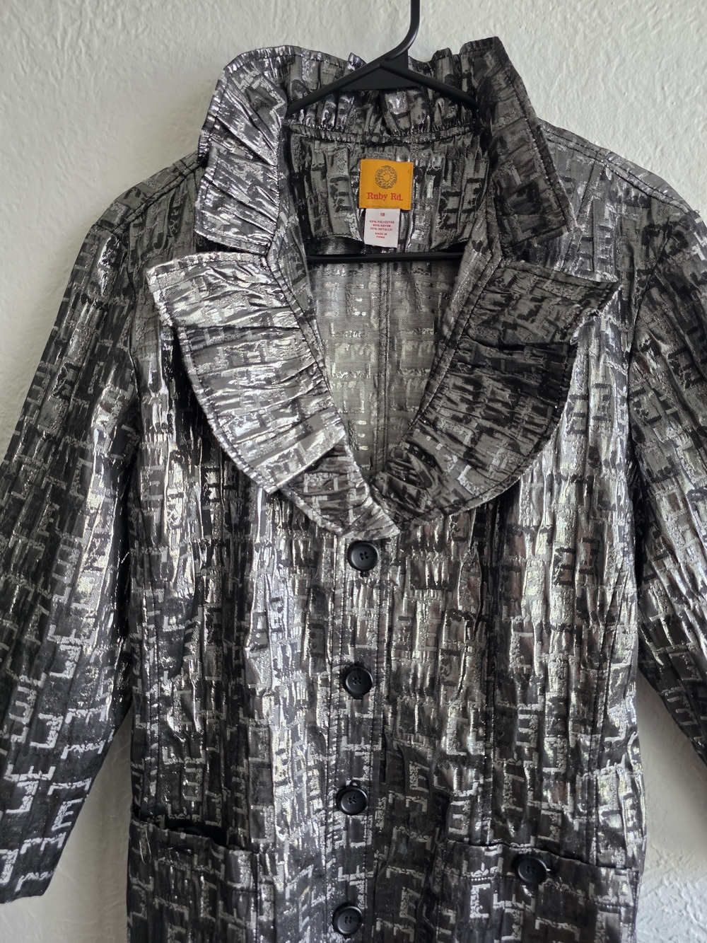 Ruby Rd. Black and Silver Metallic Ruffled Trench Coat - Picture 5 of 11